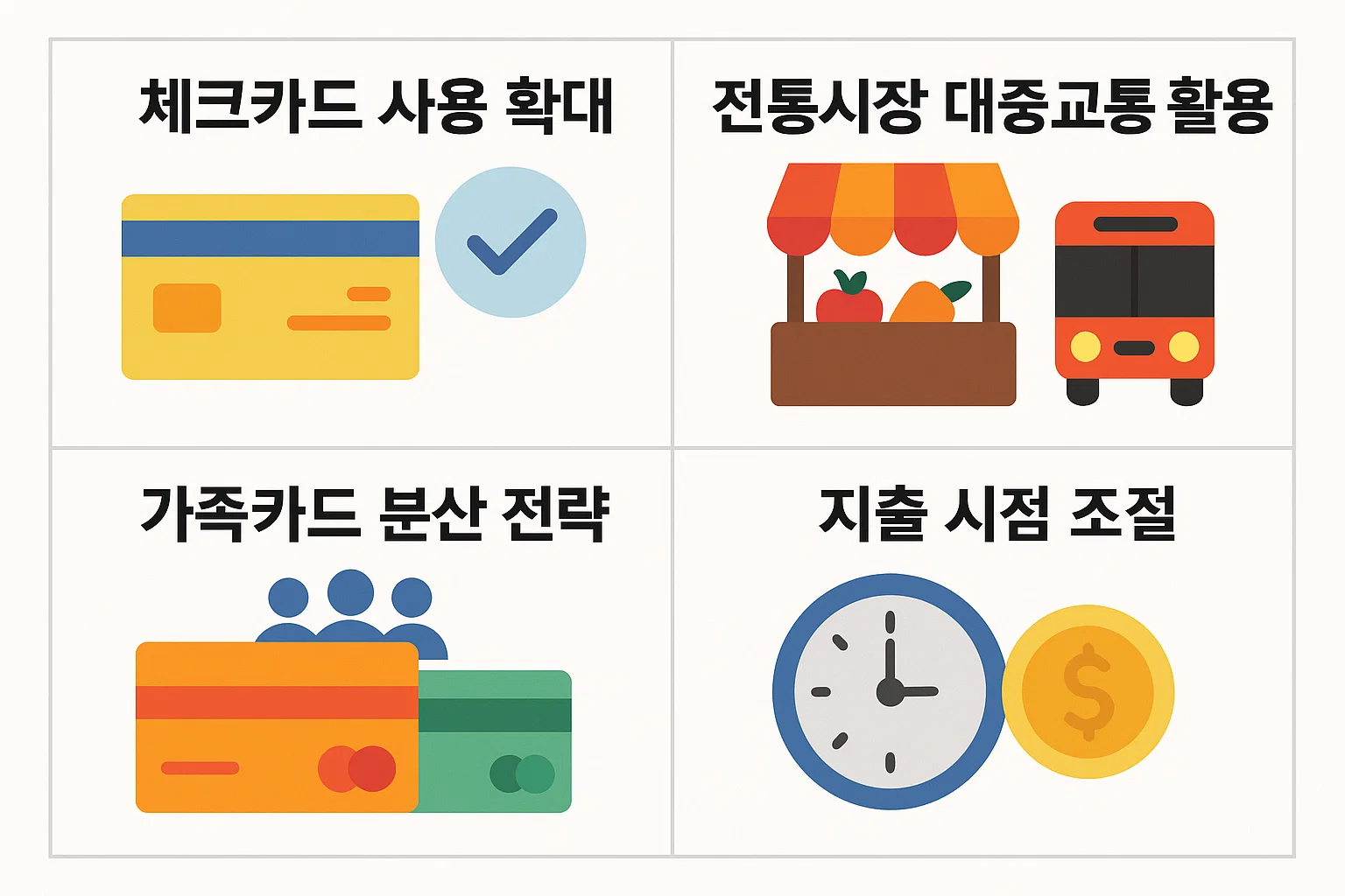 체크카드 사용 확대, 전통시장&middot;대중교통 활용, 가족카드 분산, 지출시점 조절 등 공제 한도를 최대한으로 끌어올리는 전략 가이드 이미지.