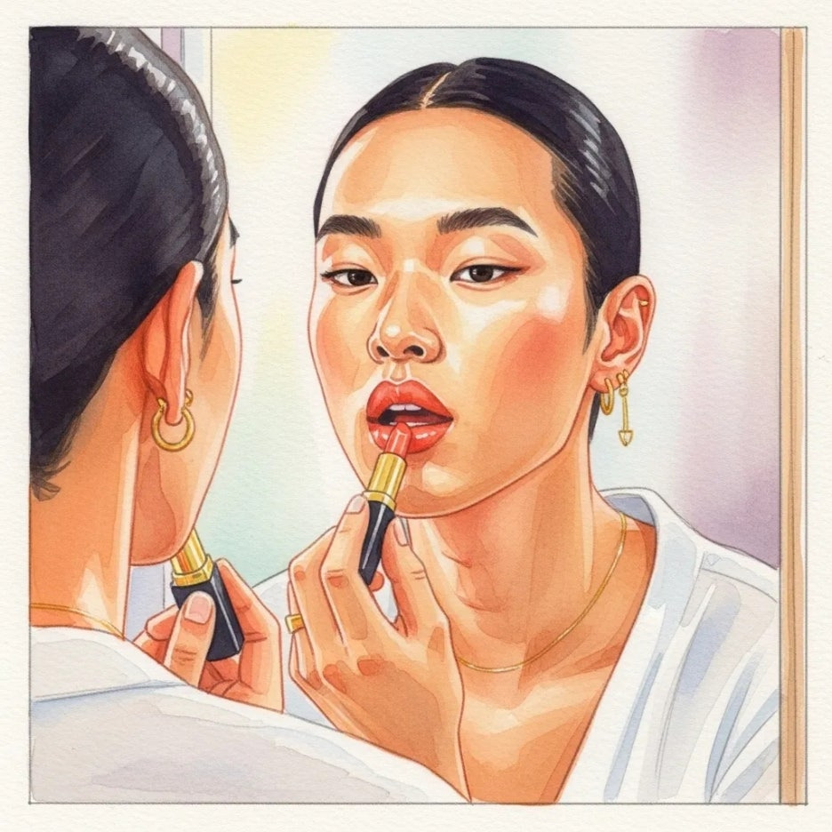 웜톤 피부에 어울리는 립스틱을 바르는 모습