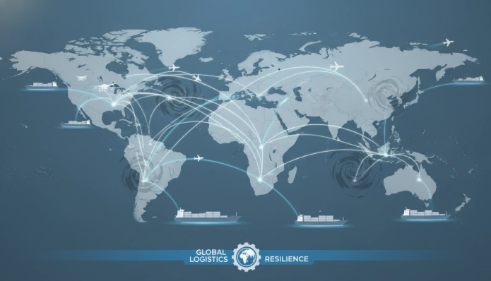 전 세계를 잇는 화물선, 항공기, 드론이 복잡한 물류망을 통해 물품을 운송하는 모습, 공급망 재편과 물류의 중요성을 나타냅니다.