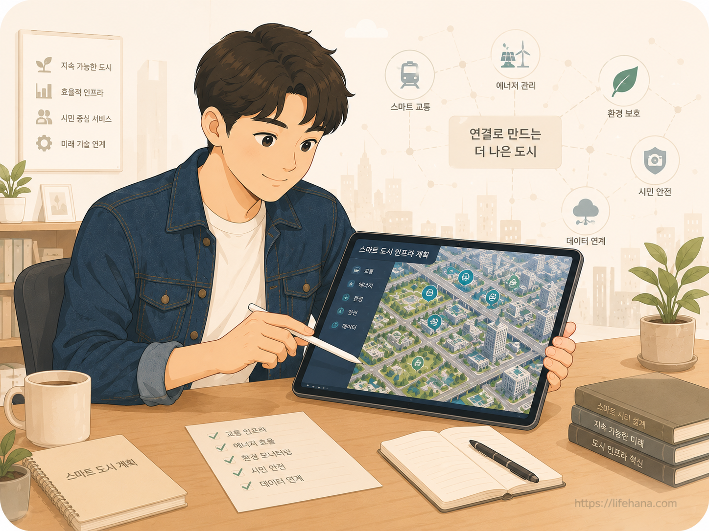 스마트도시 제어 스크린 앞에서 태블릿으로 K-Startup 포털 공고를 꼼꼼하게 검토하는 30대 창업가의 모습