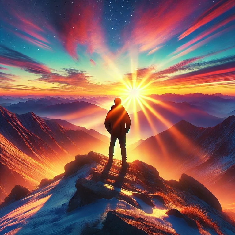 산 정상에서 태양을 바라보며 새해를 다짐하는 사람의 모습