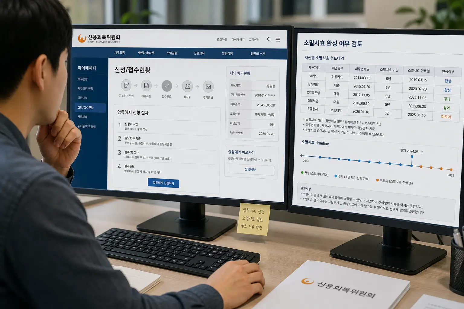 신용 회복 위원회 통장 압류 해지 신청 절차와 소멸 시효 통과 기준선을 신용회복위원회 전산망으로 검토하는 채무자