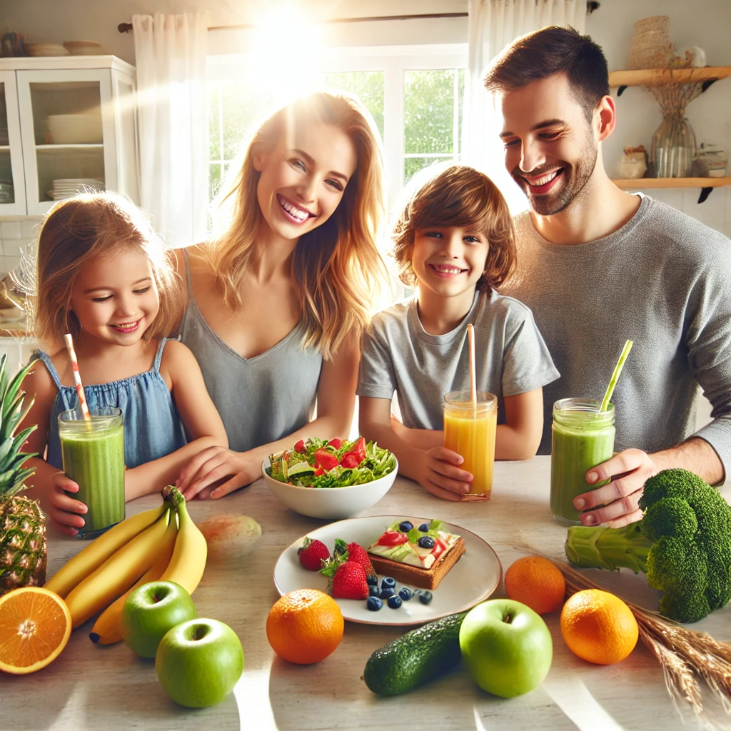 현대적인 주방 테이블에서 가족이 신선한 과일&amp;#44; 채소&amp;#44; 스무디와 함께 건강한 아침 식사를 즐기는 모습. 균형 잡힌 식단의 중요성을 강조하며&amp;#44; 창문을 통해 햇살이 밝게 들어옴