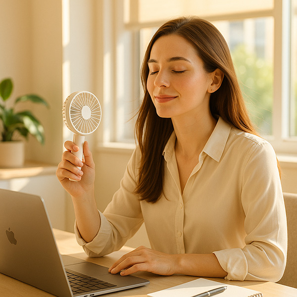 여름 더위 해결하는 휴대용 미니 선풍기 사용 모습