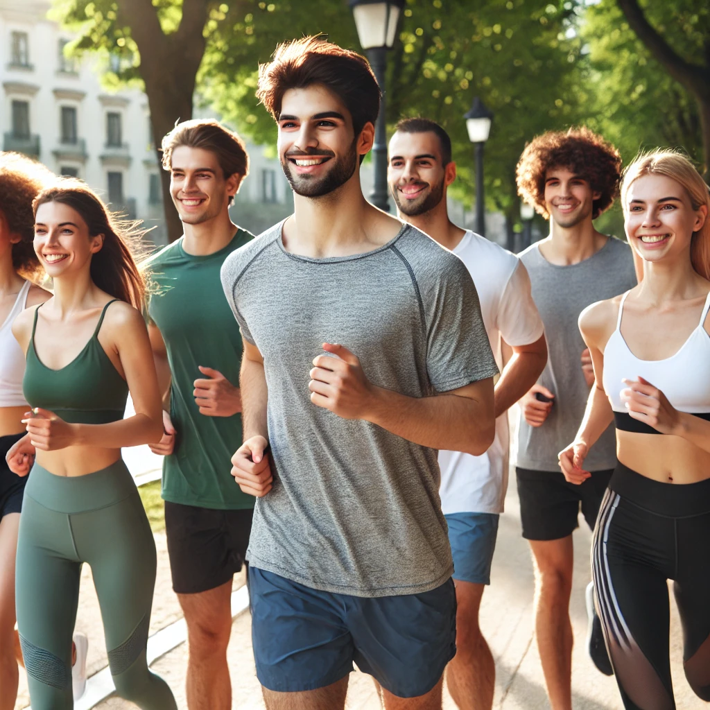 다같이 모여서 달리기를 하고 있는 젊은이들