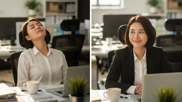 피로한 직장인이 눈을 감고 휴식 후 활력을 되찾는 장면