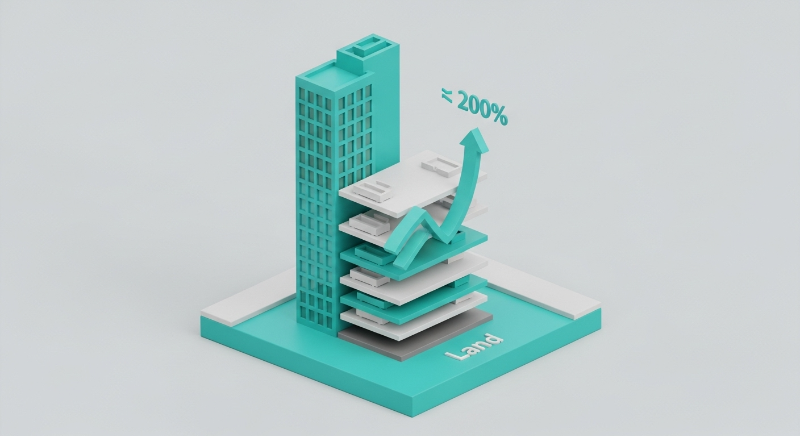 용적률 200%를 시각적으로 설명하는 3D 건물 일러스트