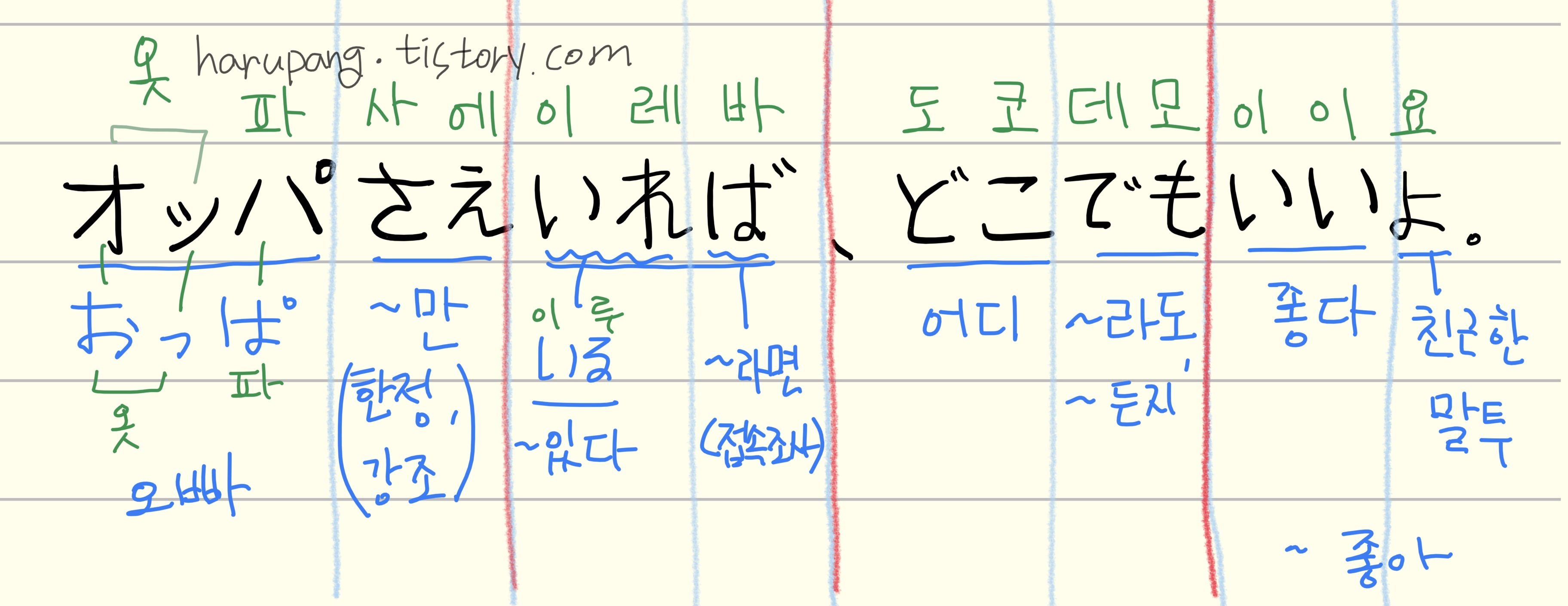 オッパさえいれば、どこでもいいよ。문장을 한국어로 해석하고 단어별로 분석한 이미지. '오빠만 있으면 어디든 좋아' 라는 의미로 , 각 단어의 발음, 문법, 뜻 등이 컬러펜으로 설명 되어 있음.