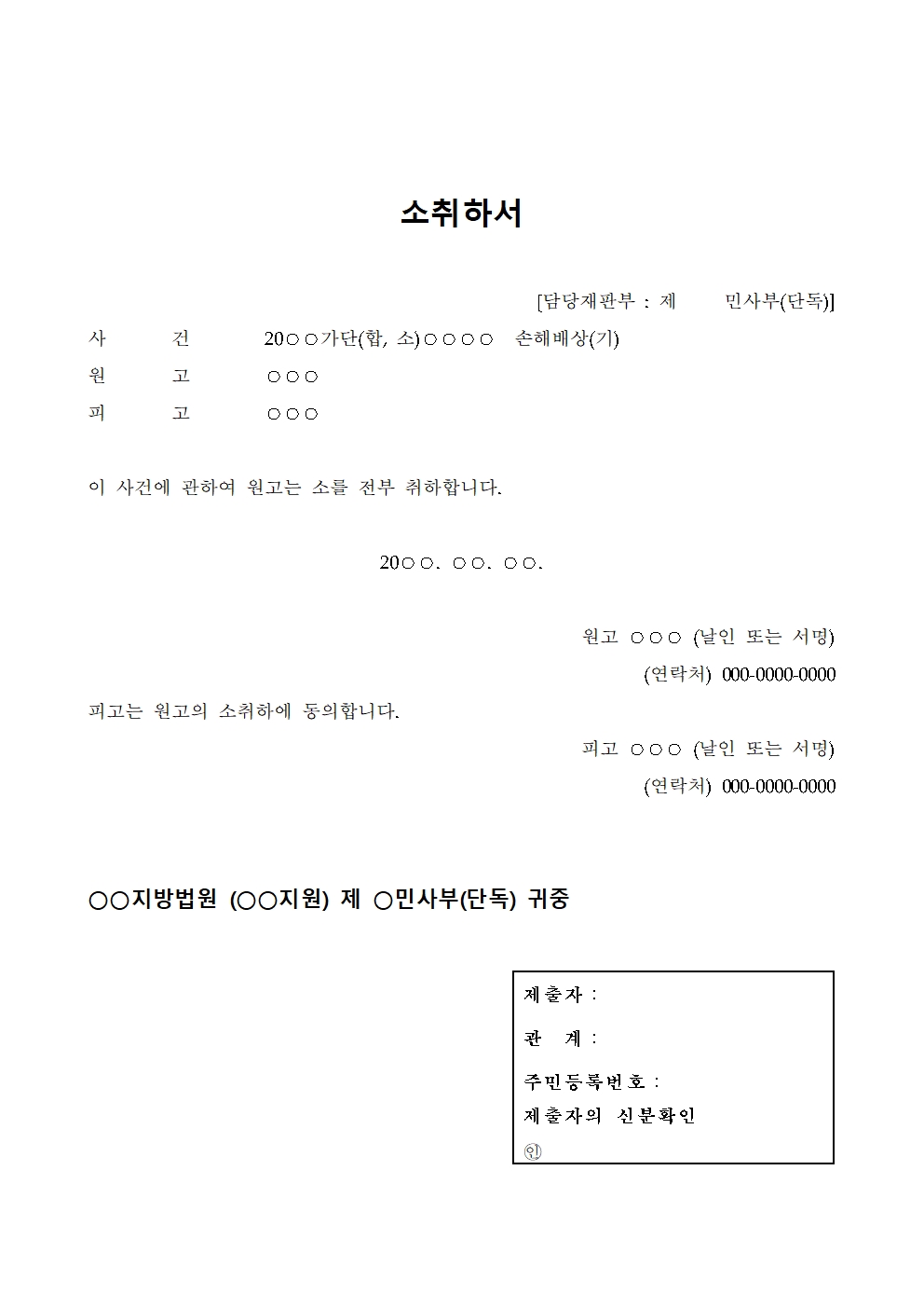민사소송 절차 종결을 위한 소취하서 양식 및 작성 방법 대표 이미지