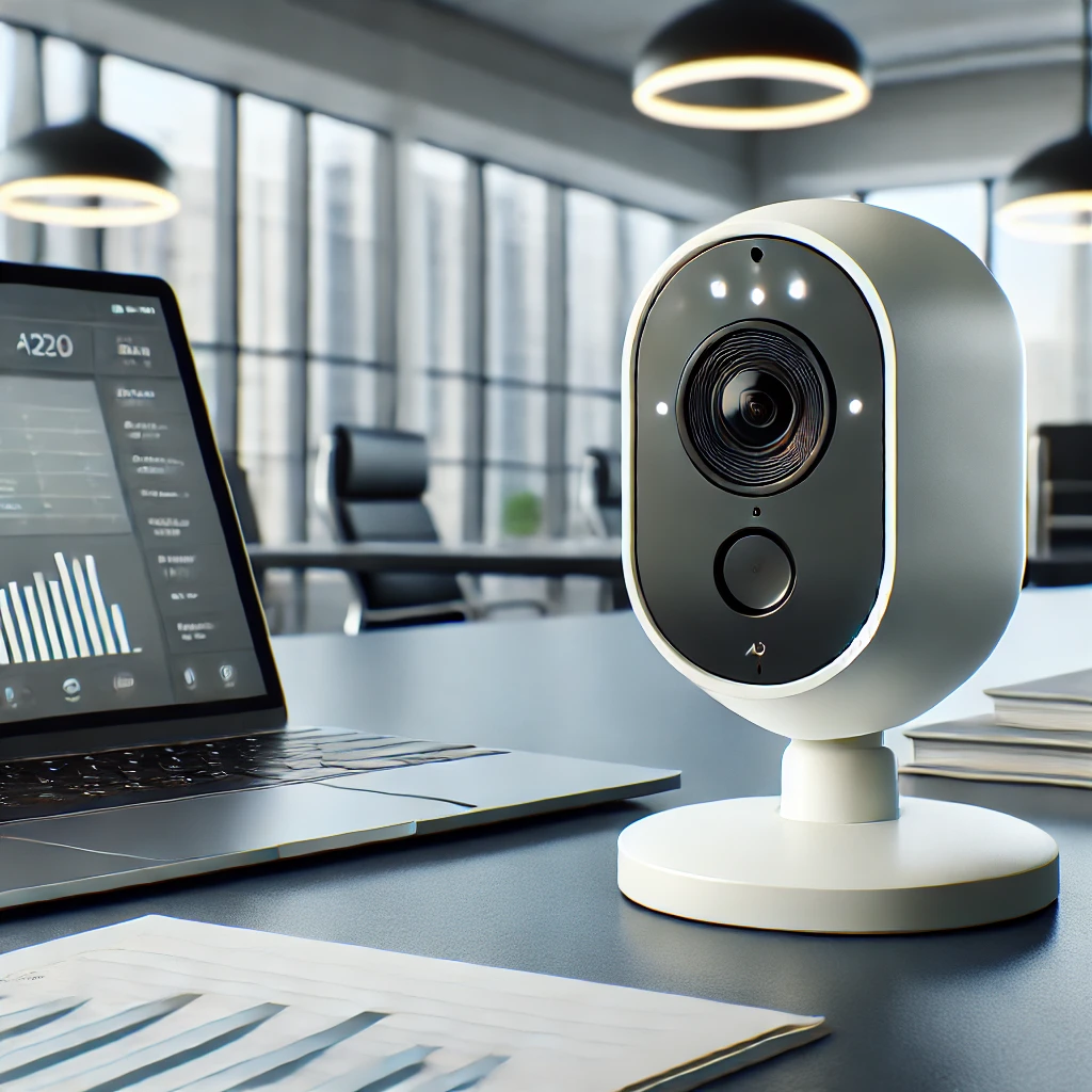 Arlo 보안 카메라가 노트북과 문서가 놓인 현대적인 사무실 책상 위에 배치된 모습, 세련된 흰색 디자인과 렌즈 및 LED 표시등이 특징, 큰 창문으로 자연광이 들어오는 전문적인 사무실 배경