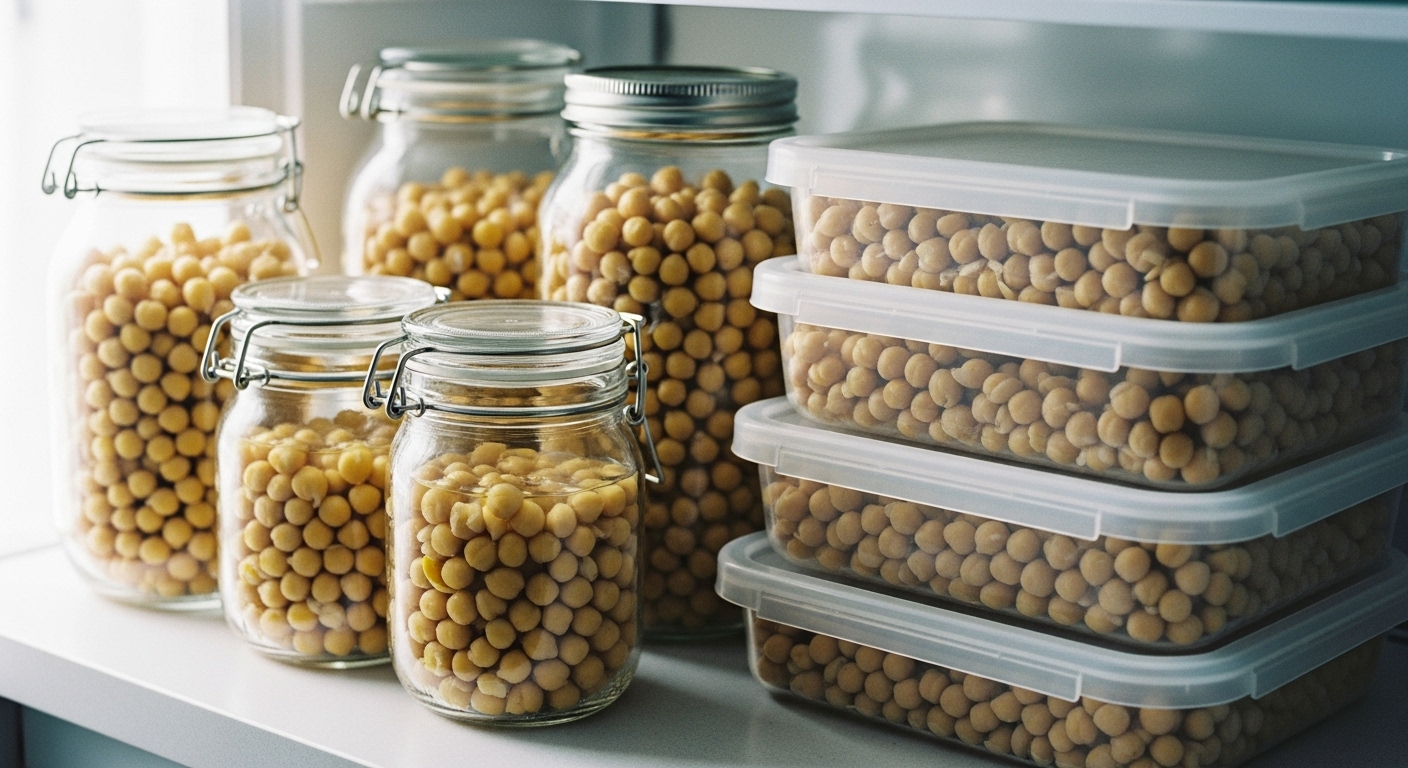 유리-병과-냉동실용-트레이에-담긴-삶은-병아리콩을-냉장고나-주방-조리대에-깔끔하게-정리한-모습입니다.