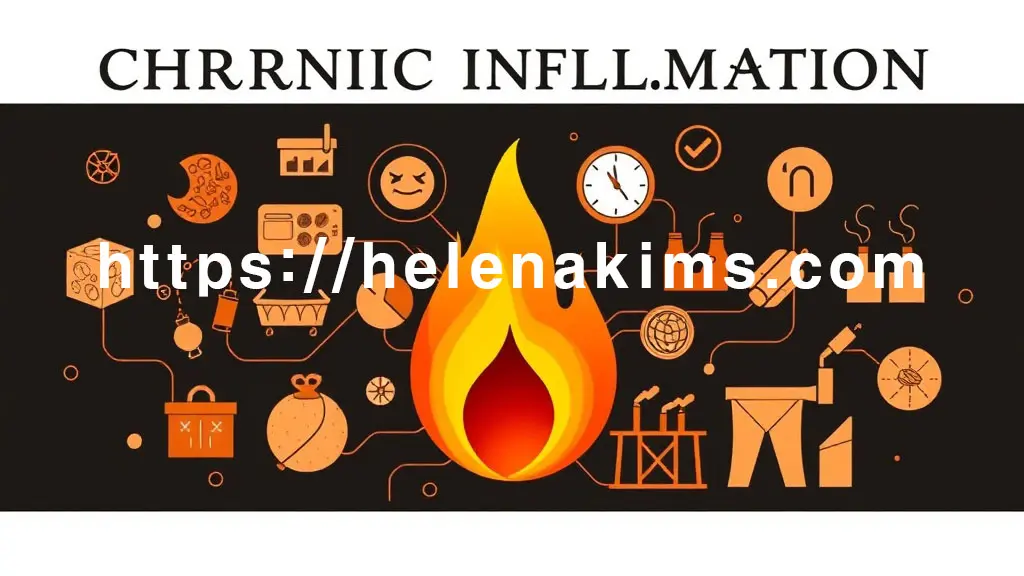 고급스러운 그래픽 아트 스타일. 중심에 미세하게 붉게 타오르는 '만성 염증'을 상징하는 추상적 불씨. 그 주변을, 각설탕/정크푸드, 찌푸린 얼굴(스트레스), 시계와 피곤한 눈(수면 부족), 검은 공장 연기(환경 독소), 과도한 뱃살 아이콘(비만), 깨진 장벽(장 건강 악화) 등 다양한 원인 아이콘들이 복잡하게 둘러 쌓인 이미지.