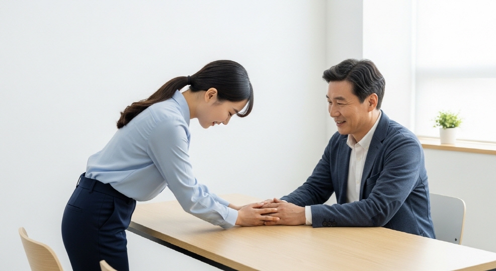 상담실에서 허리를 숙여 인사하는 장면