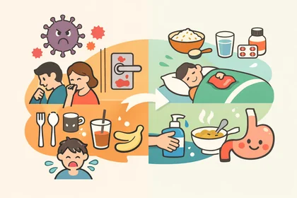 바이러스성 장염 전염 경로와 회복 관리 기준을 시각적으로 정리한 이미지18