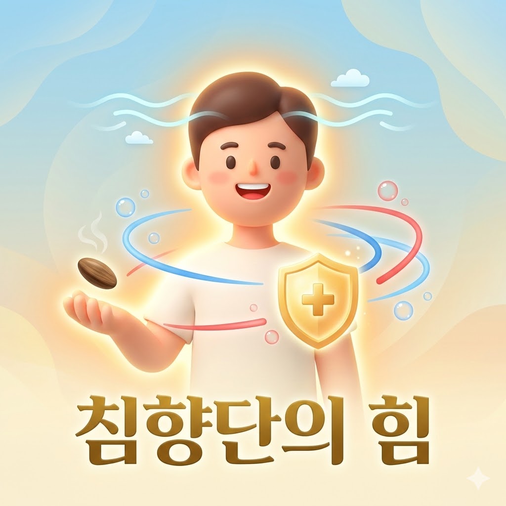 웃는 얼굴의 귀여운 3D 캐릭터가 침향단의 효능인 혈액순환, 면역력, 심신 안정을 상징하는 빛과 문양에 둘러싸여 건강해 보이는 모습. '침향단의 힘'이라는 문구가 강조되어 있습니다.