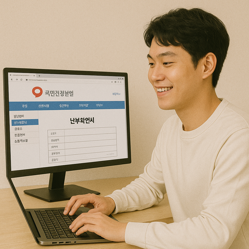 노트북 화면으로 건강보험공단 홈페이지에 접속해 납부확인서를 출력 중인 청년의 모습