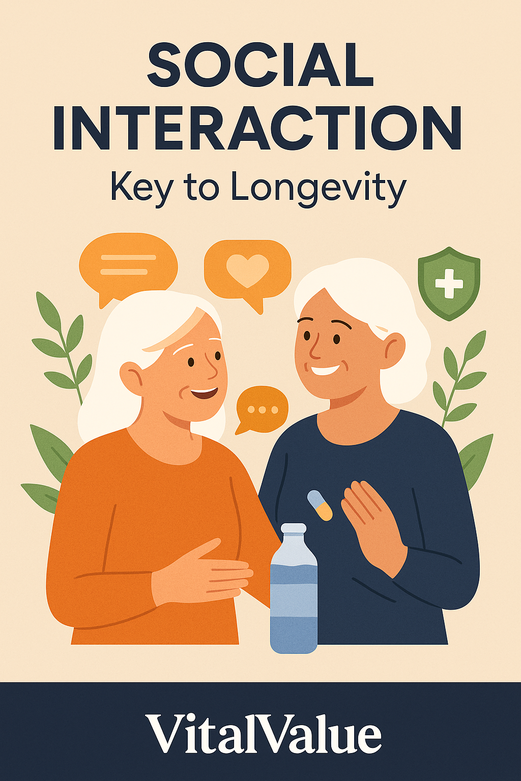 Flat digital illustration of two smiling senior women talking together with speech bubbles above them, surrounded by green leaves and a health shield. Bold text reads &ldquo;Social Interaction,&rdquo; subtext &ldquo;Key to Longevity,&rdquo; and the brand name &ldquo;VitalValue&rdquo; at the bottom.