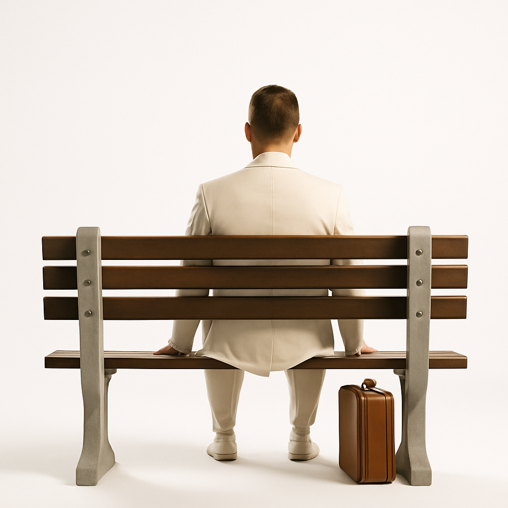 하얀색 배경 위에 갈색 나무 벤치가 놓여 있고, 하얀 정장을 입은 남성이 등을 보인 채 벤치에 앉아 있다. 남성의 옆 바닥에는 갈색 여행 가방이 놓여 있으며, 전체적으로 차분하고 상징적인 분위기를 자아낸다.