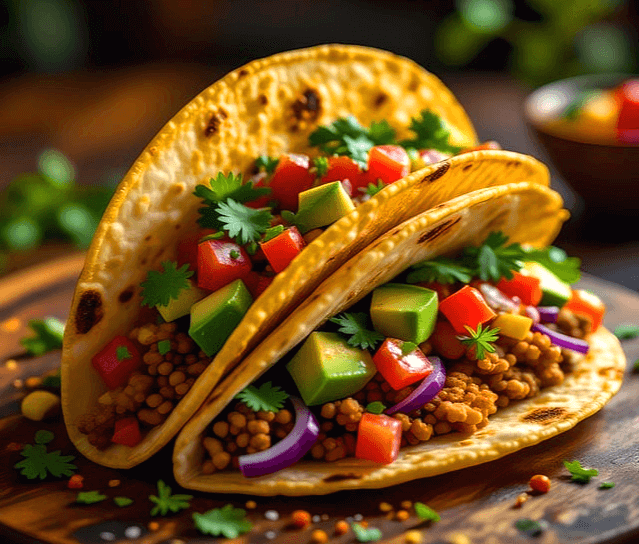 타코 2개가 있다. 얇은 피 안에 다진 고기랑 다진 야채들이 가득하다.