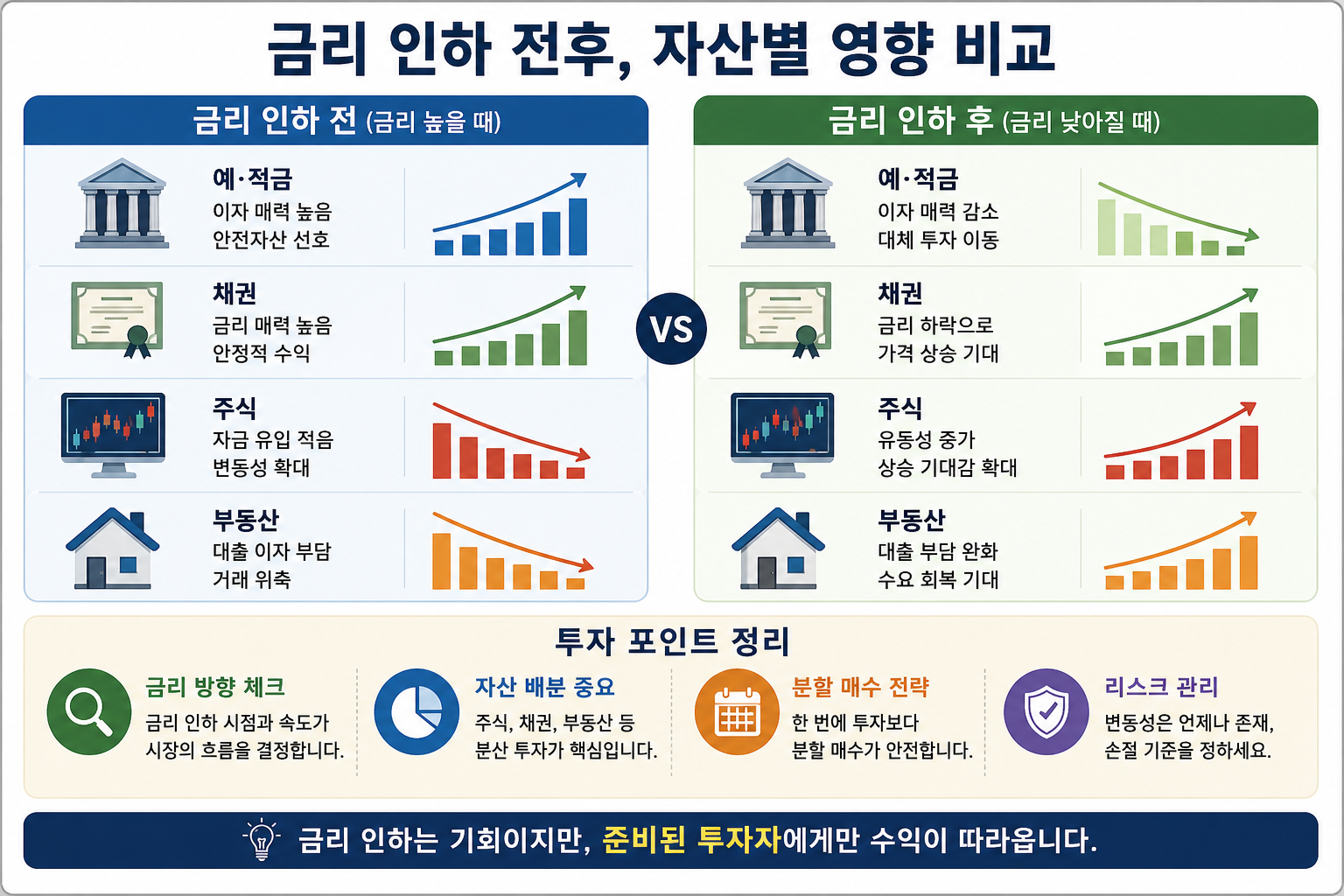 금리 인하 전후 자산 흐름 비교 주식 부동산 투자 변화 인포그래픽