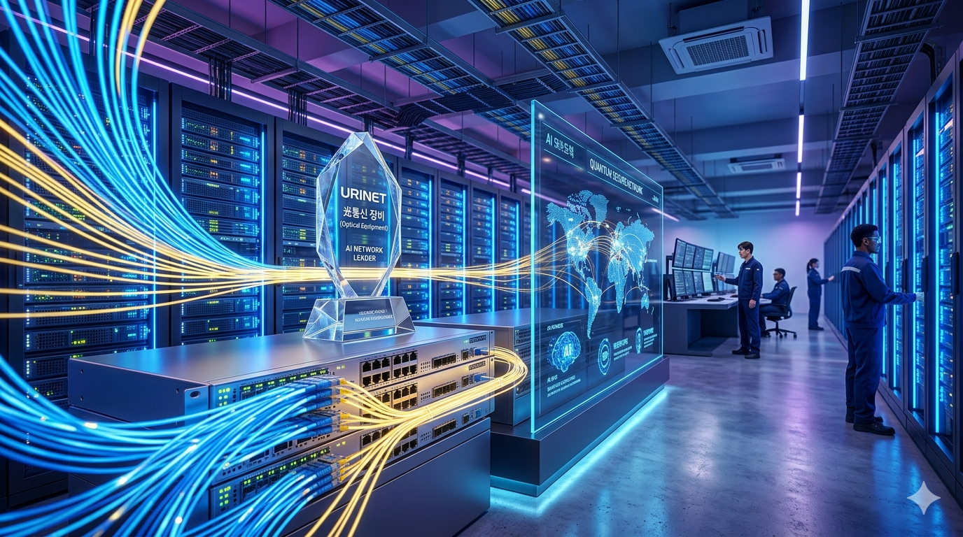[기업 현황 및 기술적 분석] 섹션에 적합한 하이테크 미래 지향적 이미지. 현대적인 데이터센터의 서버 랙과 광섬유 케이블이 빛나고 있으며, 중앙에는 'URINET'과 '광통신 장비'라고 새겨진 크리스탈 트로피가 놓여 있음. 우측에는 전 세계 네트워크와 'QUANTUM SECURE NETWORK'라고 명시된 대형 투명 디스플레이와 함께 우리넷 기술진들이 장비를 점검하는 모습. 엔비디아 모멘텀과 맞물리는 광통신 테마의 시각적 강조.