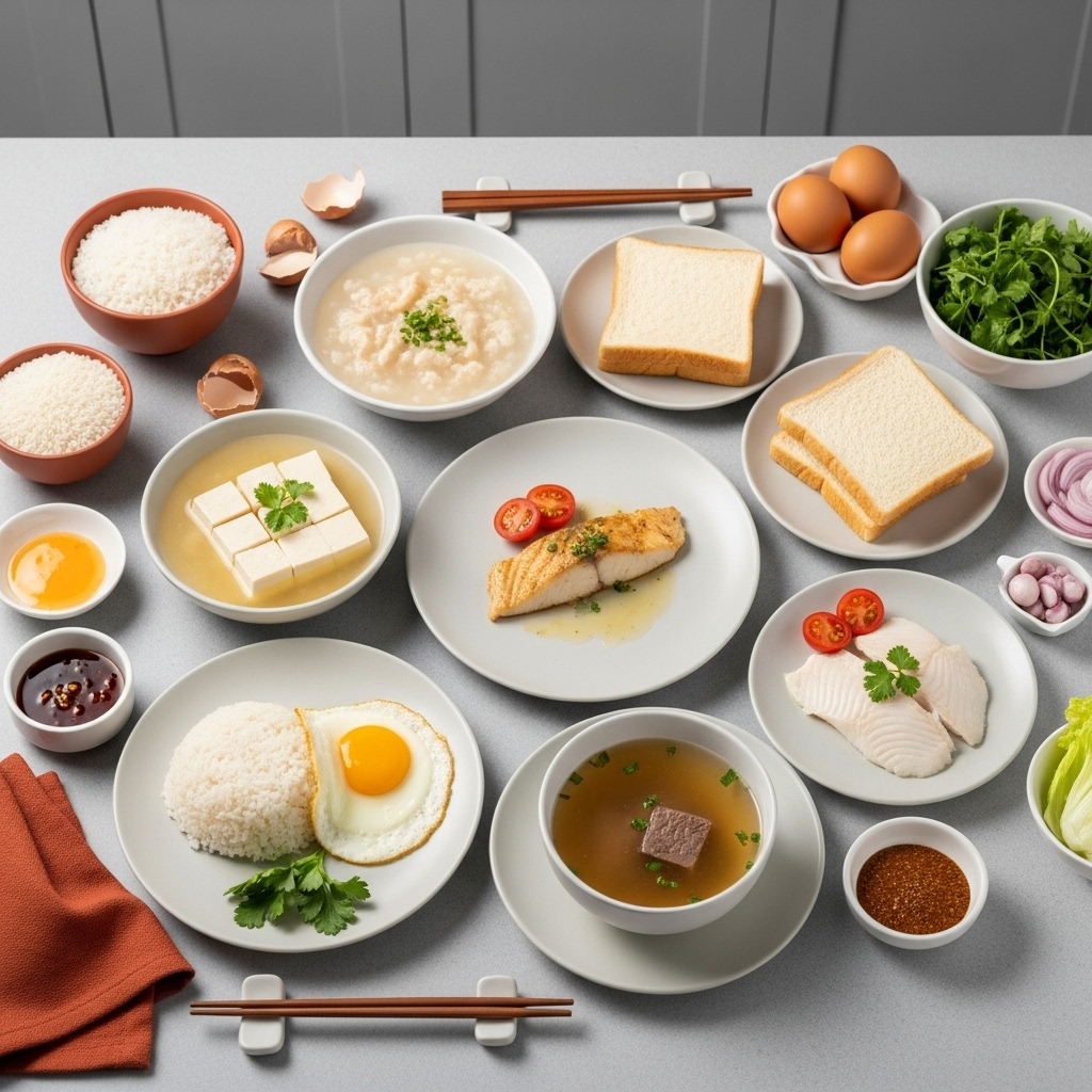 대장내시경 3일 전부터 준비하는 저잔사식 식단이 깔끔하게 차려진 모습. 흰쌀밥, 계란 프라이, 흰살생선 구이, 맑은 죽 등 대장내시경 전 허용되는 음식들이 먹음직스럽게 놓여 있습니다.