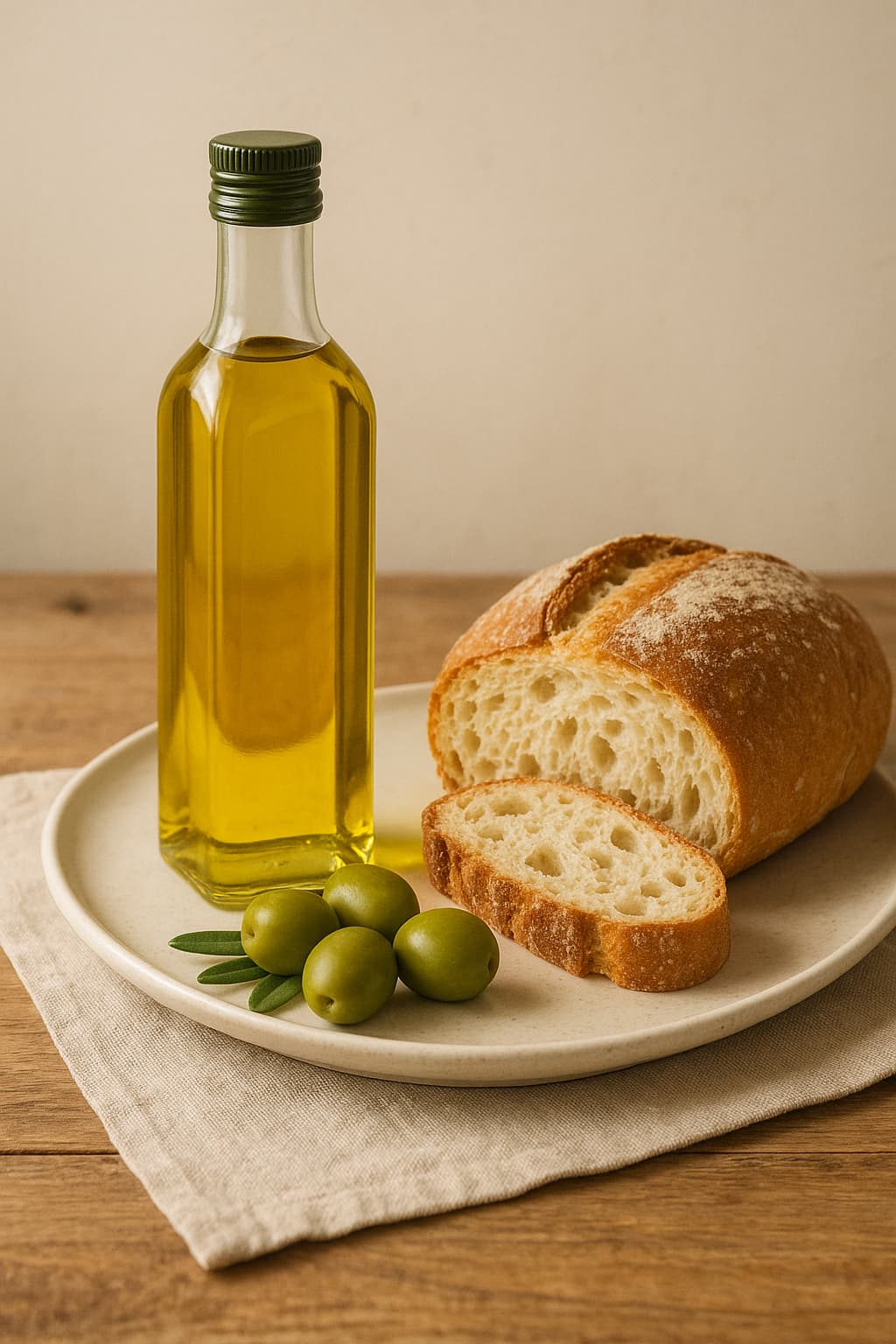 접시위에 올려져있는 빵 찍어 먹기에 적합한 엑스트라 버진 올리브 오일 한 병과 빵,올리브