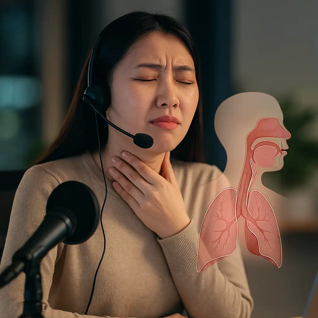 마이크 앞에서 장시간 말한 후 목을 손으로 감싸고 있는 강사·콜센터 직원, 목소리가 쉰 듯한 표정, 성대와 인후 구조의 단면도 오버레이