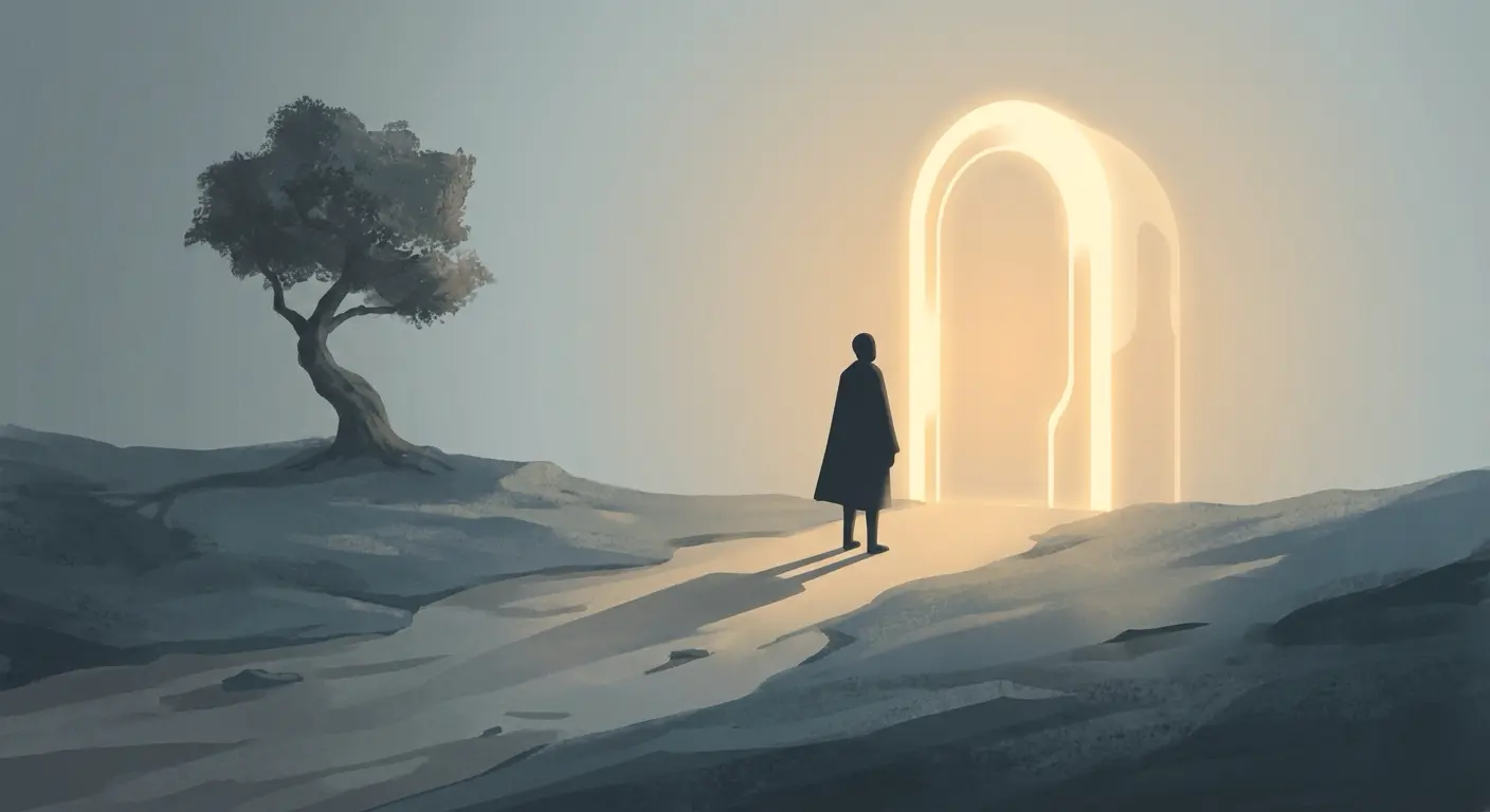 A person hesitating before entering a machine promising artificial happiness