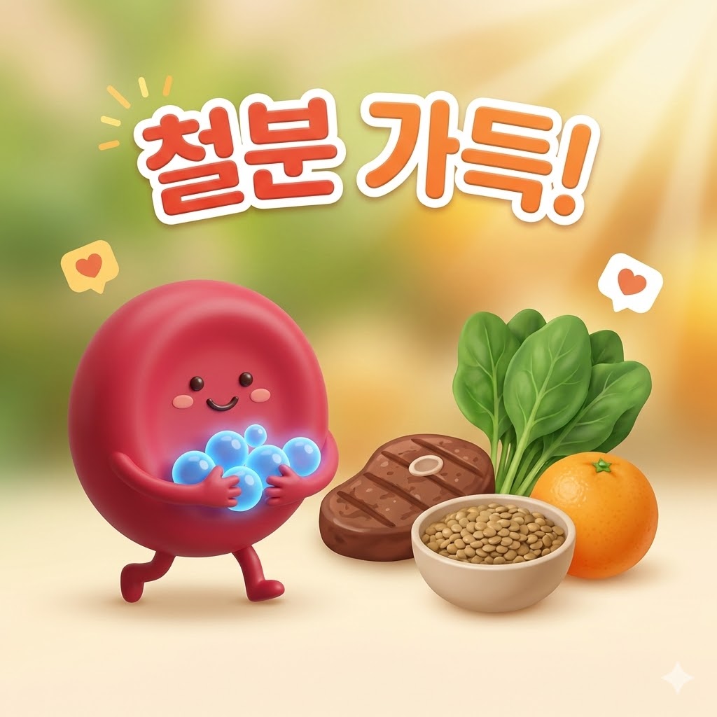 산소를 운반하는 귀여운 적혈구 캐릭터와 철분이 풍부한 스테이크, 시금치, 렌틸콩, 오렌지 등이 함께 있는 3D 카툰 일러스트. '철분 가득!' 문구가 있어 철분 섭취의 중요성을 강조합니다.