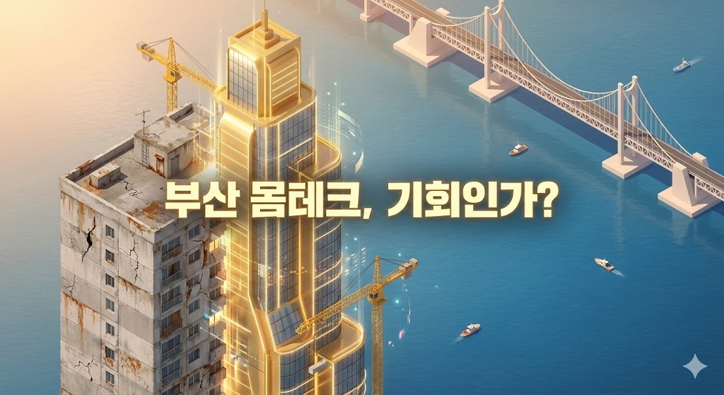 부산 40년 구축 아파트와 미래의 재건축 비전을 대비시킨 일러스트, 몸테크의 기회와 위기를 표현