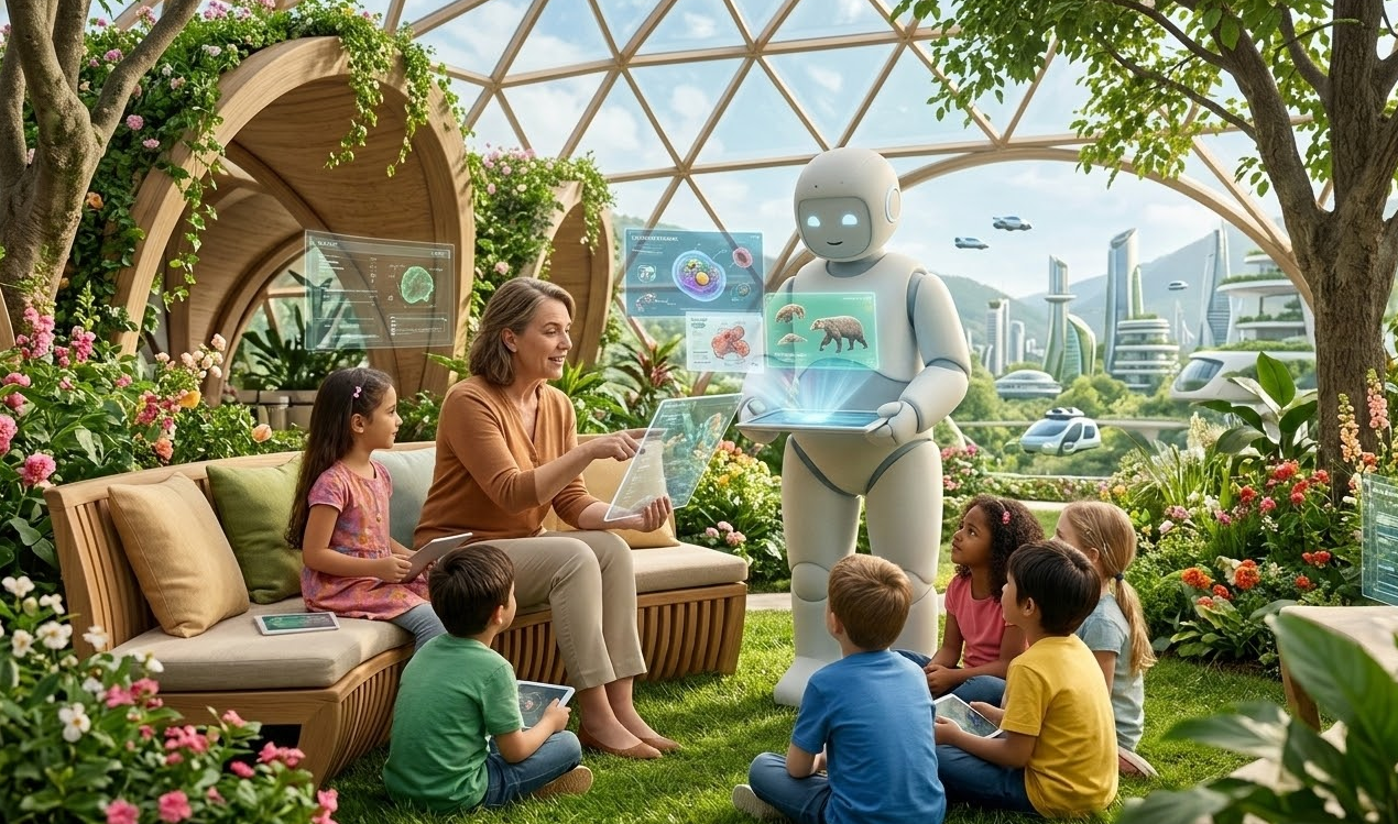햇살이 가득한 초록빛 정원 스타일 교실에서 인간 교사가 아이들에게 따뜻하게 이야기하고 있으며, 배경에 디지털 학습 자료를 든 부드러운 디자인의 로봇 조수가 서 있는 평화로운 미래 유토피아 도시의 모습