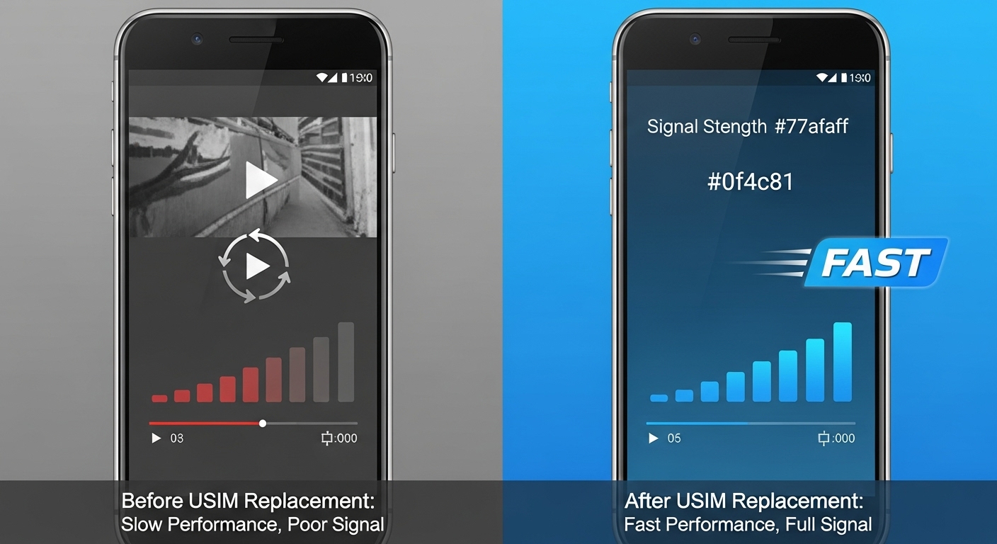 유심 교체 전후 스마트폰 성능 변화 비교: 끊기는 영상과 약한 신호(교체 전)에서 선명한 영상과 강한 신호(교체 후)로 개선된 모습.