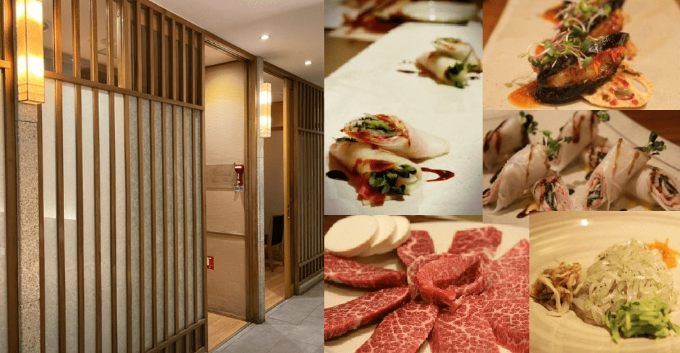 경복궁 디큐브점의 내부 사진과 음식 사진.