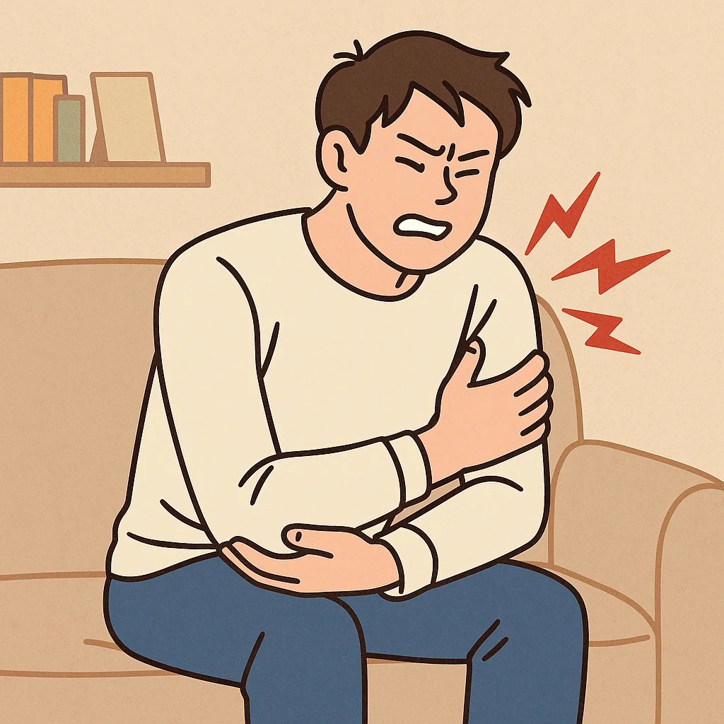 소파에 앉아 팔을 움켜쥐며 근육통을 호소하는 남성의 일러스트, 운동하지 않았는데도 통증을 느끼는 모습