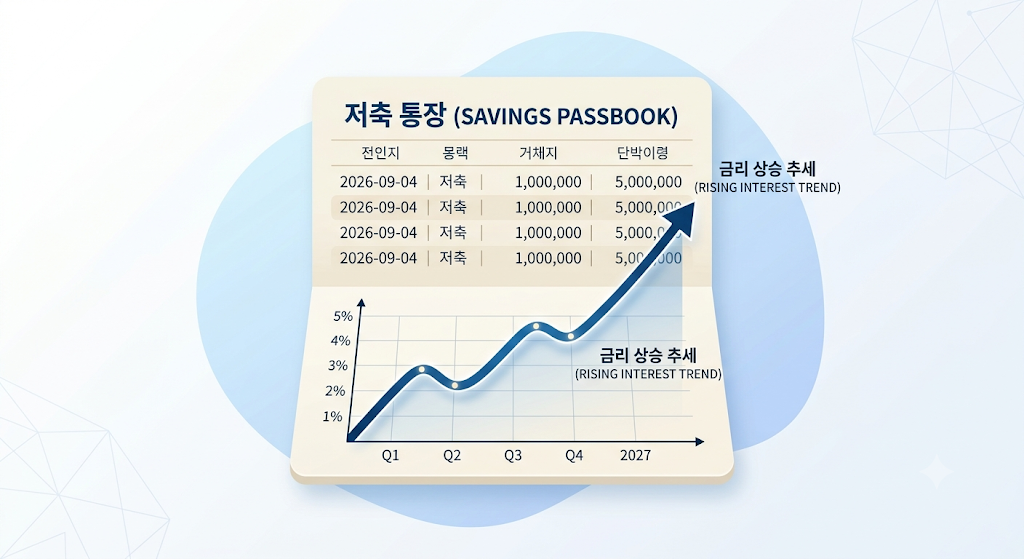 저축통장과 상승하는 금리 그래프가 겹쳐진 미니멀한 인포그래픽 스타일 이미지
