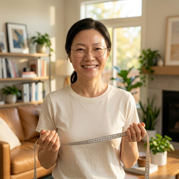밝은 거실에서 50대 한국 여성이 줄자를 손에 든 채 숫자에 얽매이지 않고 당당하게 미소 짓는 16:9 비율의 실사 사진.