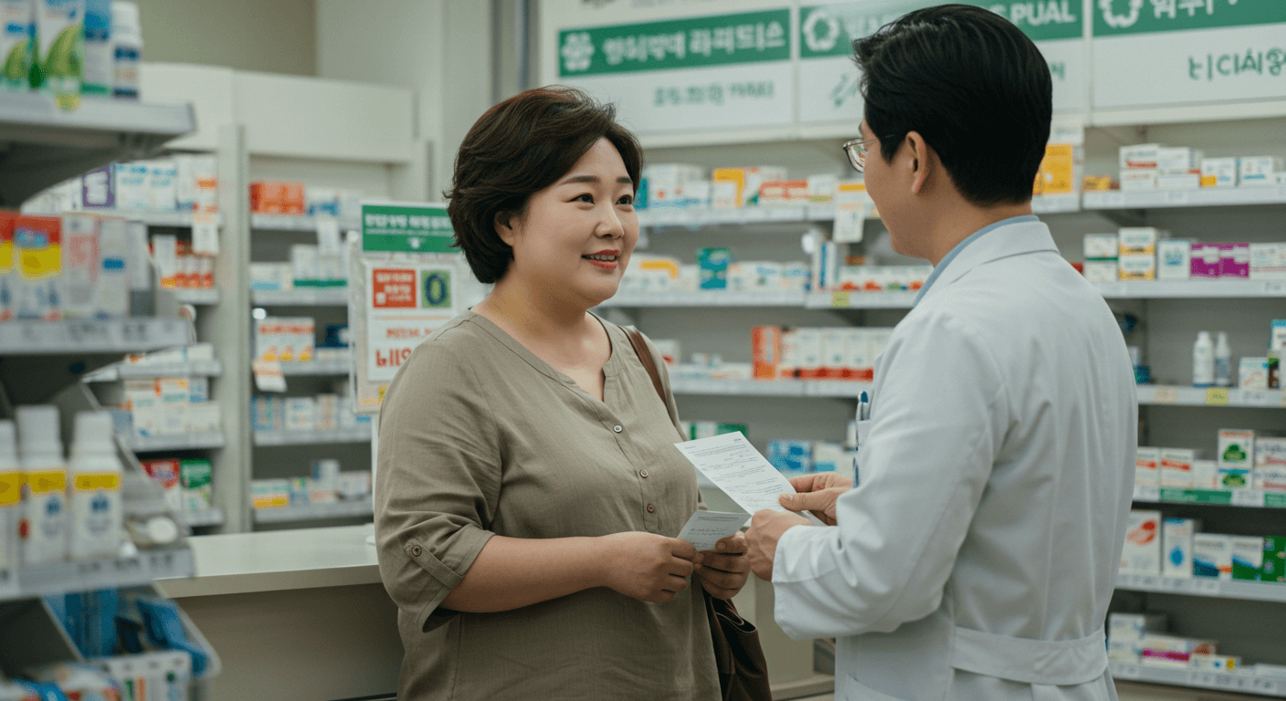 비만 환자가 위고비 처방전을 들고 약국에서 상담하는 장면 3