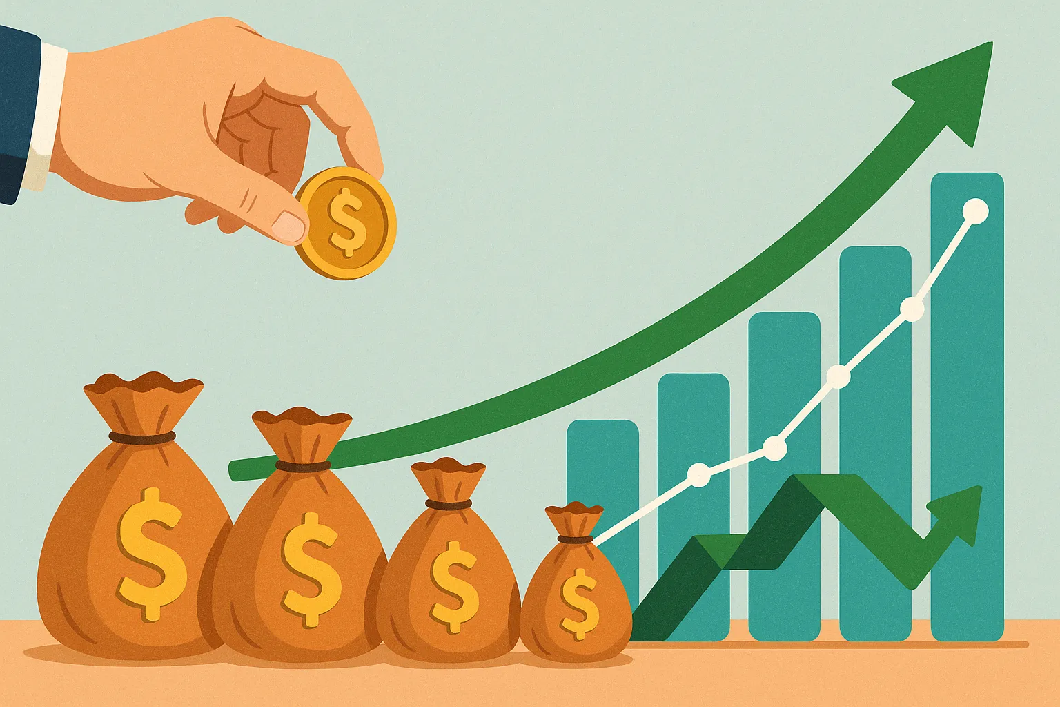 분할매수-전략을-상징적으로-표현한-일러스트-여러-번에-걸쳐-투자하는-모습과-수익률-변화를-그래프로-나타낸-장면