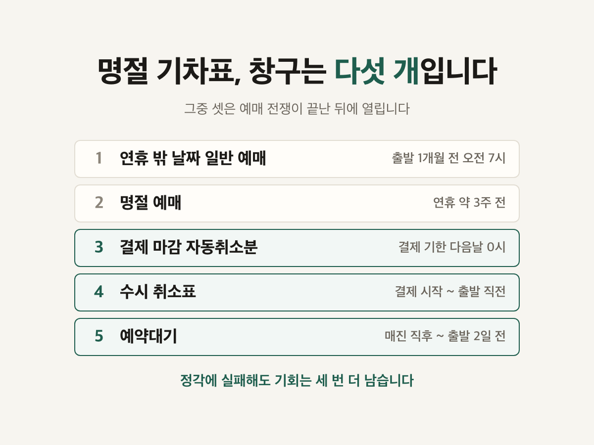 명절 기차표 좌석이 풀리는 창구 다섯 개를 열리는 순서대로 정리한 카드. 연휴 밖 날짜 일반 예매는 출발 1개월 전 오전 7시, 명절 예매는 연휴 약 3주 전, 결제 마감 자동취소분은 결제 기한 다음날 0시, 수시 취소표는 결제 시작부터 출발 직전까지, 예약대기는 매진 직후부터 출발 2일 전까지