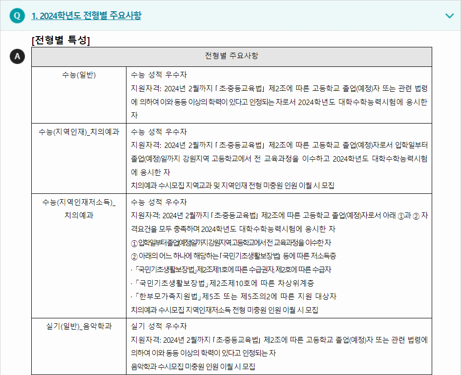 2024학년도 강릉원주대학교 수능위주전형 전형별 주요사항