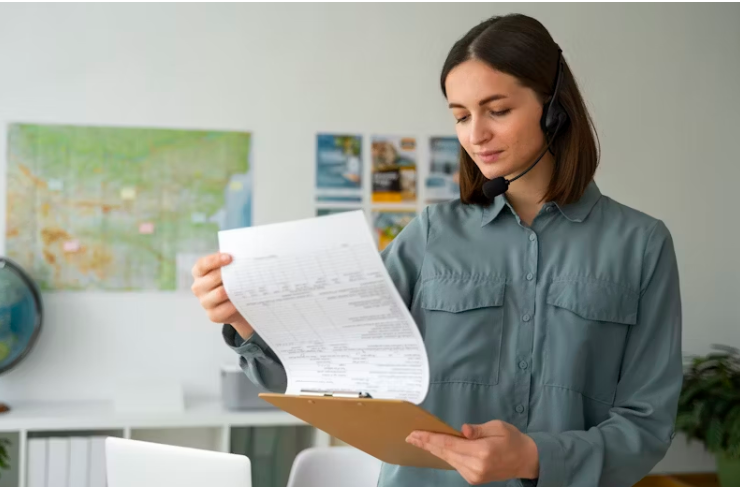보험 관련 서류를 검토 중인 여성 상담원