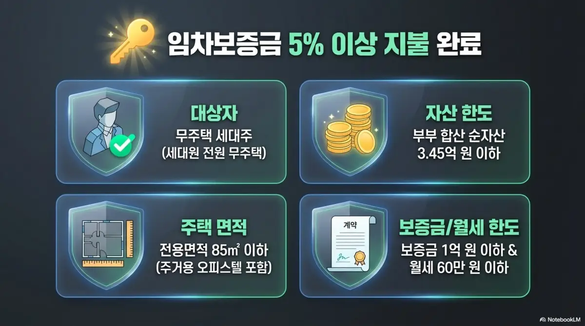 주거안정월세대출 조건 4가지를 정리한 인포그래픽. 무주택 세대주와 부부 합산 순자산 3.45억 원 이하 그리고 전용면적 85제곱미터 이하 주택과 보증금 1억 원 이하 및 월세 60만 원 이하 요건을 아이콘으로 시각화한 자격 조건 안내 이미지