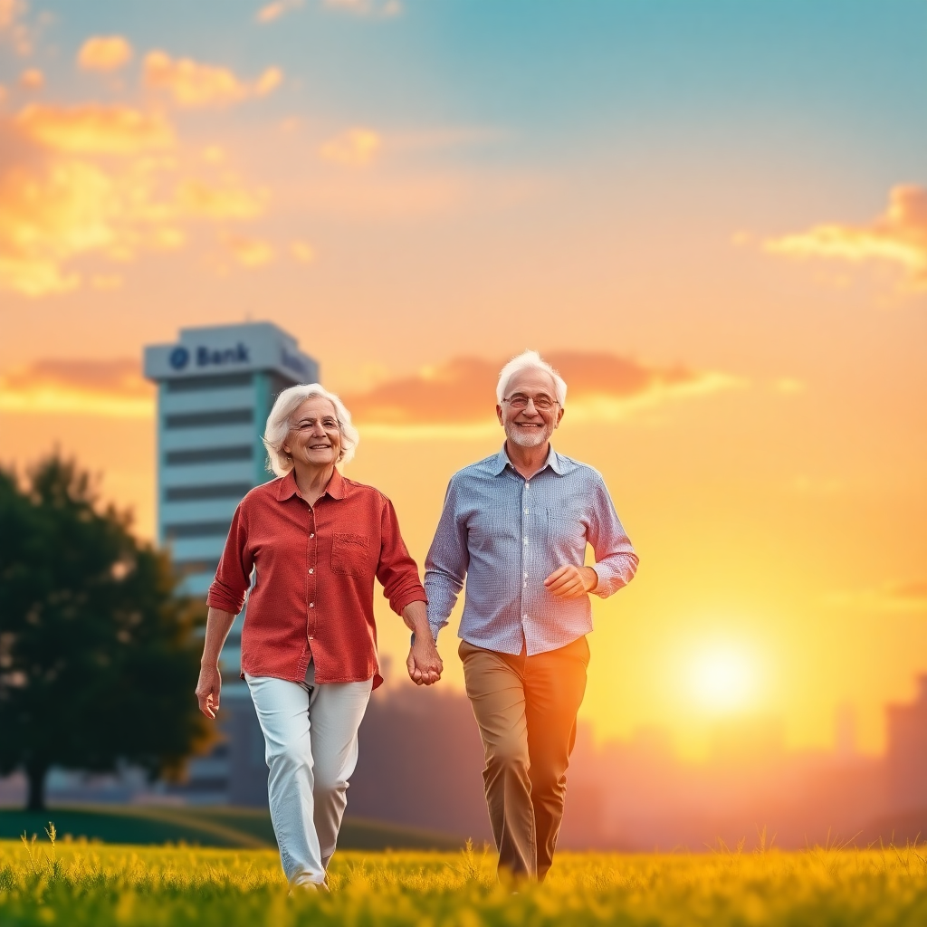 따뜻한 색감의 일출을 배경으로 평화로운 노년 부부가 손을 잡고 행복하게 걷는 모습입니다. 뒤편에는 은행이나 연금 관련 건물을 은은하게 배치하여 재정적 안정을 암시합니다.