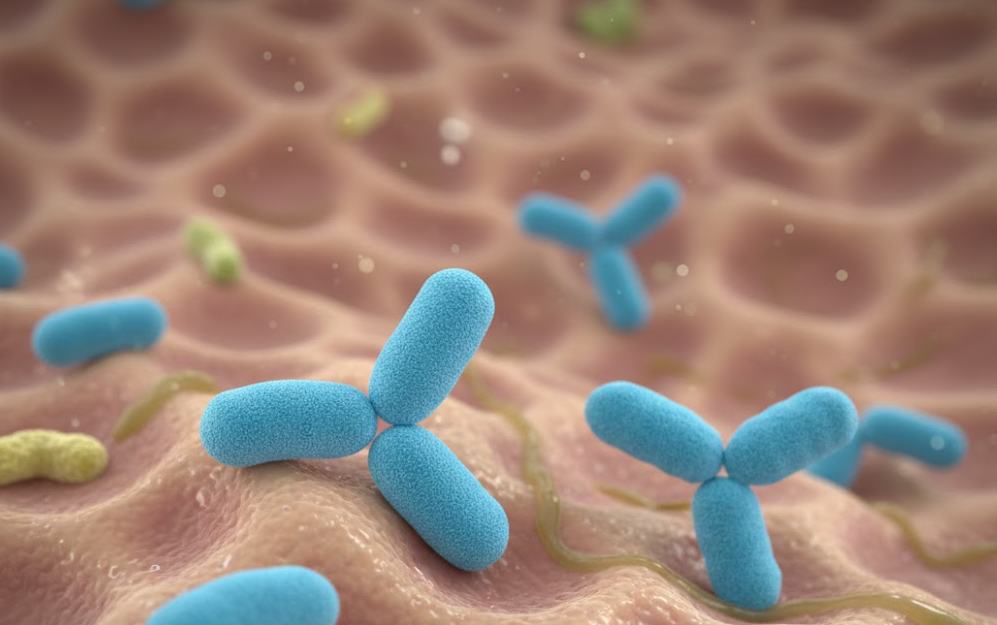 장 건강을 결정하는 장내 유익균(파란색 Y형)과 유해균의 마이크로바이옴 균형 상태를 보여주는 의학적 이미지