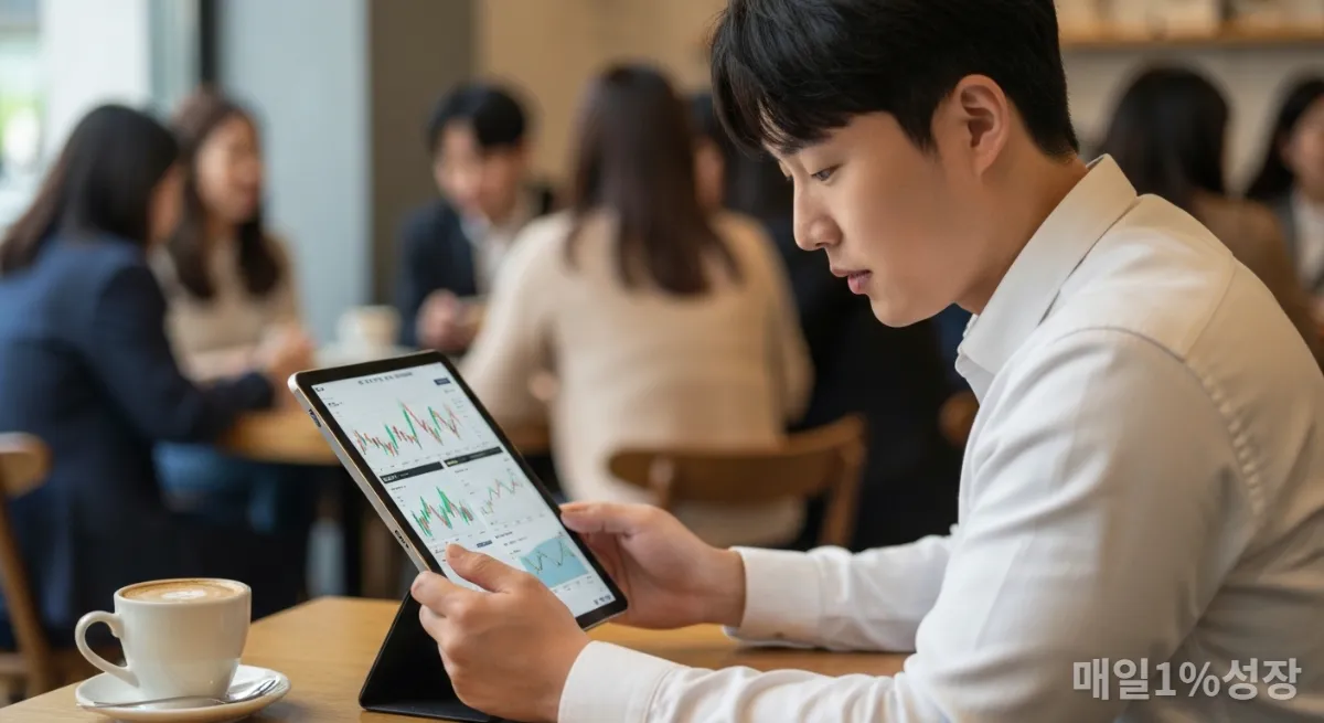 카페에서 AI 기반 투자 앱을 확인하는 한국 MZ세대 남성