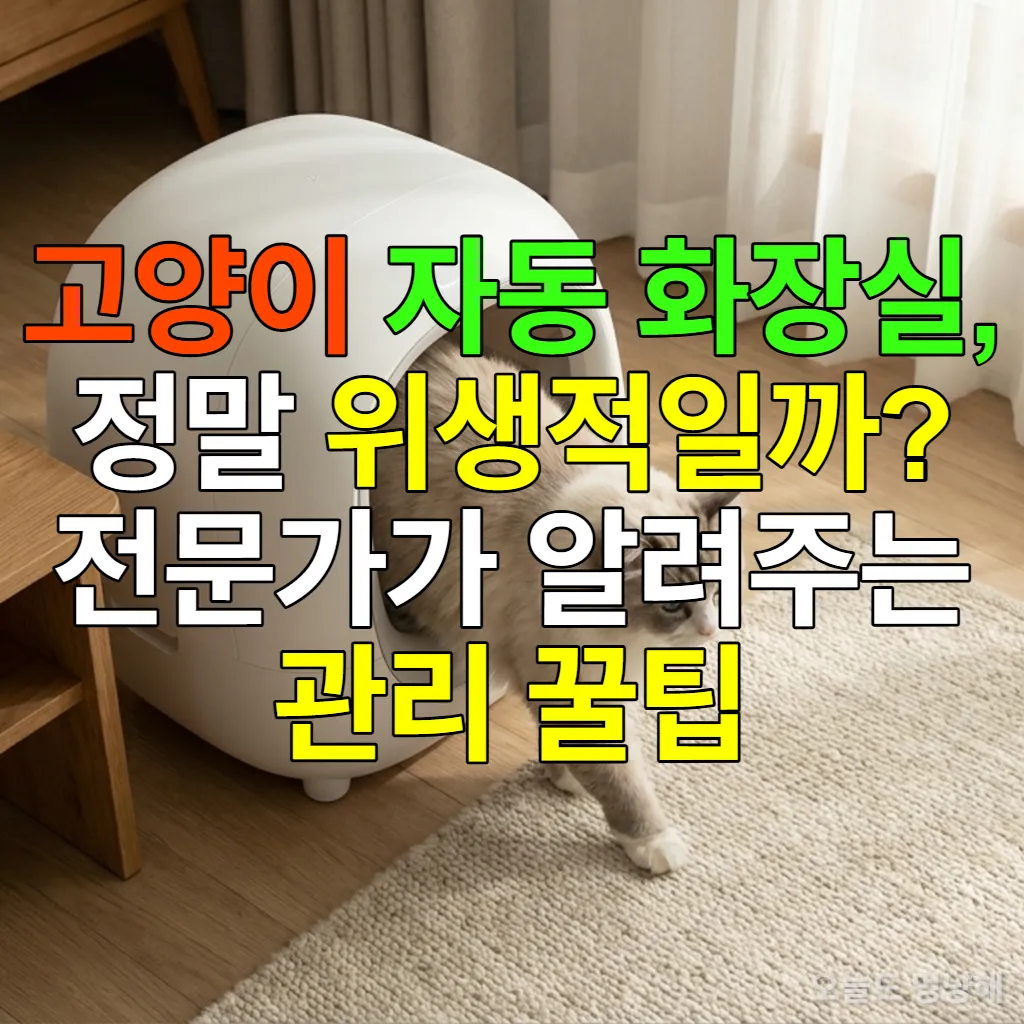깨끗하고 모던한 고양이 자동 화장실에서 고양이가 나오는 모습