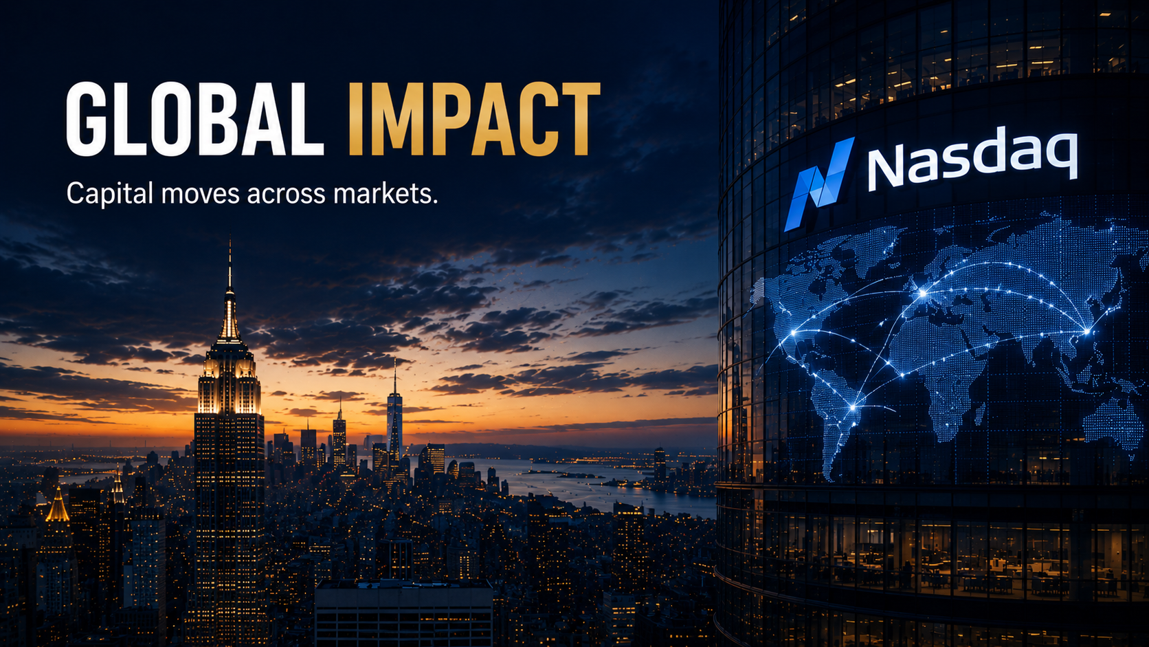 *Global financial illustration showing the Nasdaq's impact on international capital flows, stock markets, and the global economy.*