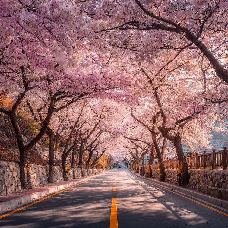벚꽃이 만개한 2차로 도로