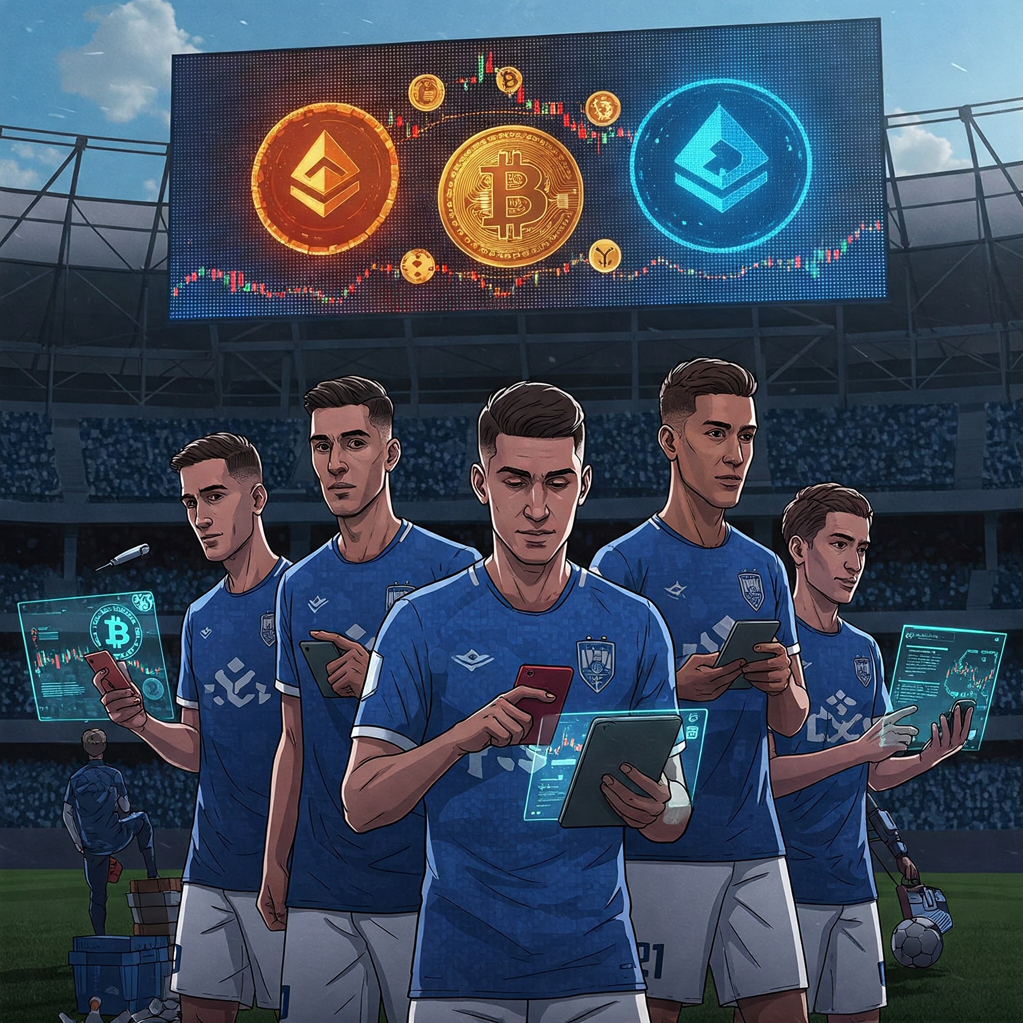 푸른색과 흰색 유니폼을 입은 프로 축구 선수들이 현대적인 경기장에서 암호화폐를 활용하여 비즈니스 거래를 하는 애니메이션 이미지. 선수들은 디지털 태블릿과 스마트폰을 사용하여 암호화폐 지갑을 관리하고 거래하며, 경기장 대형 LED 스크린에는 암호화폐 심볼과 가격 변동 그래프가 표시됩니다.